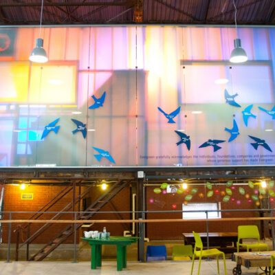Signage of Brickworks with seating area