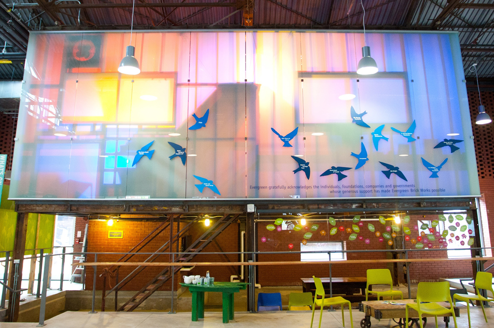 Signage of Brickworks with seating area